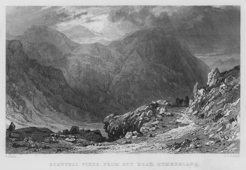 Scawfell Pikes, fra Sty Head, Cumberland (gravering) av Thomas (after) Allom