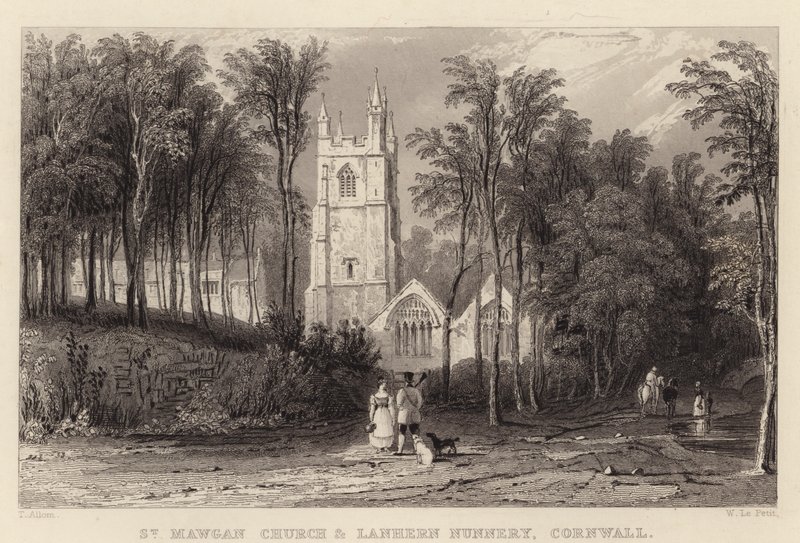 St Mawgan Church og Lanhern Nunnery, Cornwall (gravering) av Thomas (after) Allom