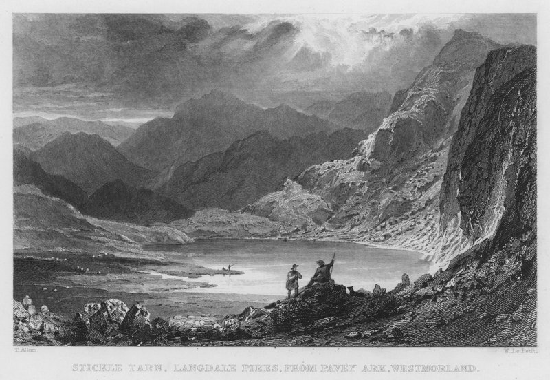 Stickle Tarn, Langdale Pikes, fra Pavey Ark, Westmorland (gravering) av Thomas (after) Allom