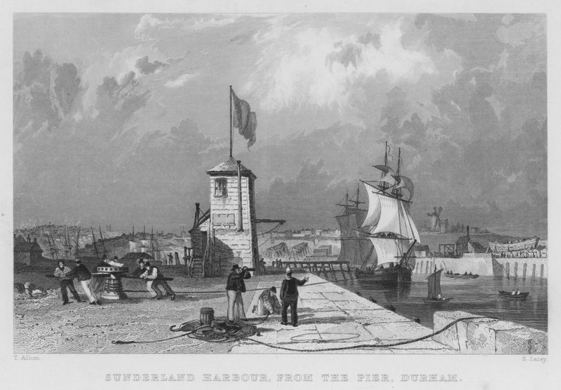 Sunderland Harbour, fra bryggen, Durham (gravering) av Thomas (after) Allom