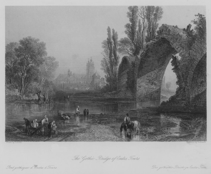 Den gotiske broen i Eudes, Tours (gravering) av Thomas (after) Allom