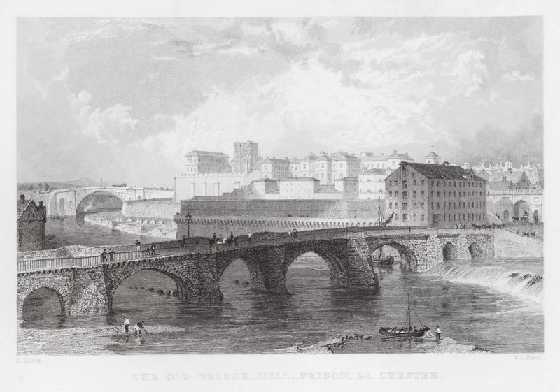 The Old Bridge, Mill, Prison, etc, Chester (gravering) av Thomas (after) Allom
