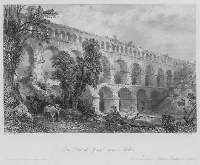 Pont du Gard, nær Nismes (gravering) av Thomas (after) Allom
