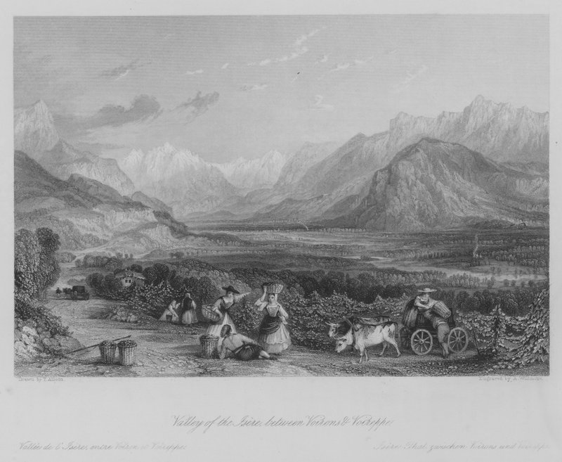 Valley of the Isere, mellom Voirons og Voireppe (gravering) av Thomas (after) Allom