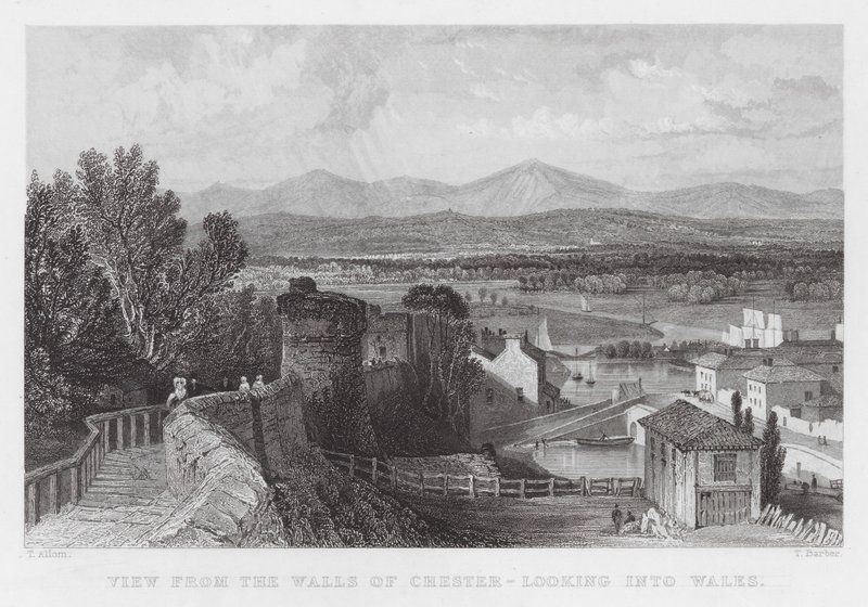 Utsikt fra Walls of Chester, ser inn i Wales (gravering) av Thomas (after) Allom