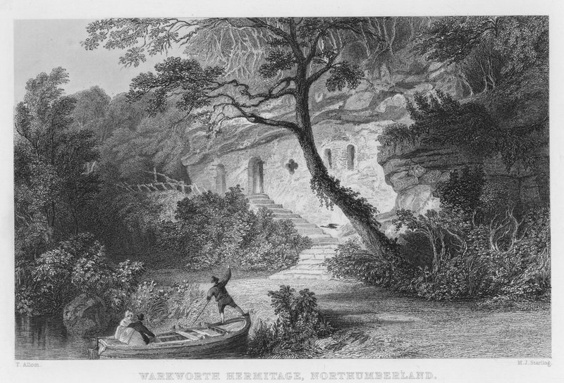 Warkworth Hermitage, Northumberland (gravering) av Thomas (after) Allom