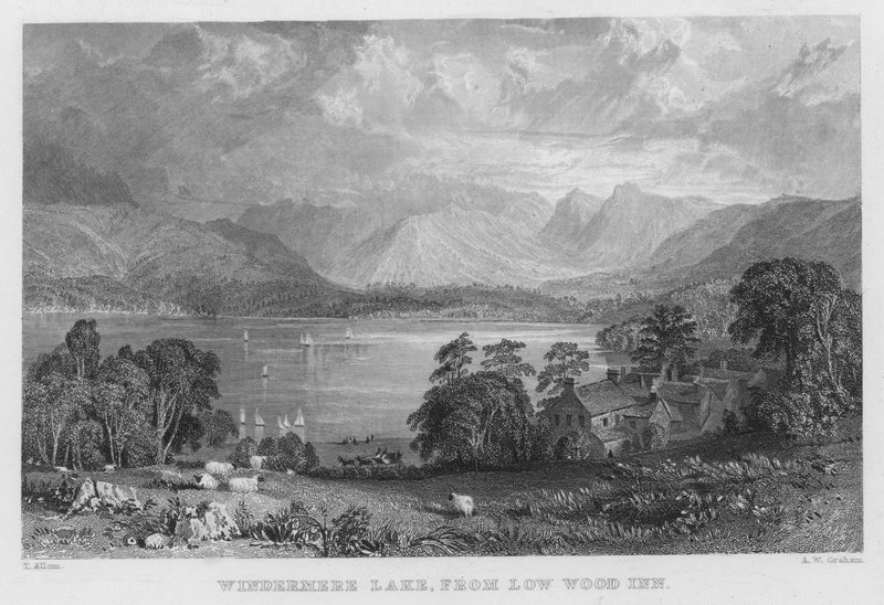 Windermere Lake, fra Low Wood Inn (gravering) av Thomas (after) Allom