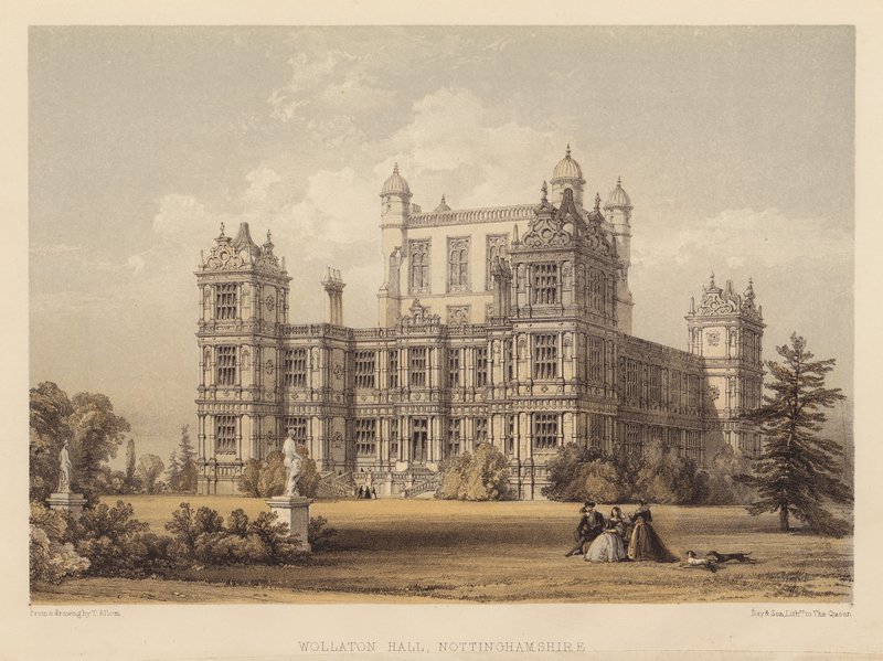 Wollaton Hall, Nottinghamshire (akvatint) av Thomas (after) Allom