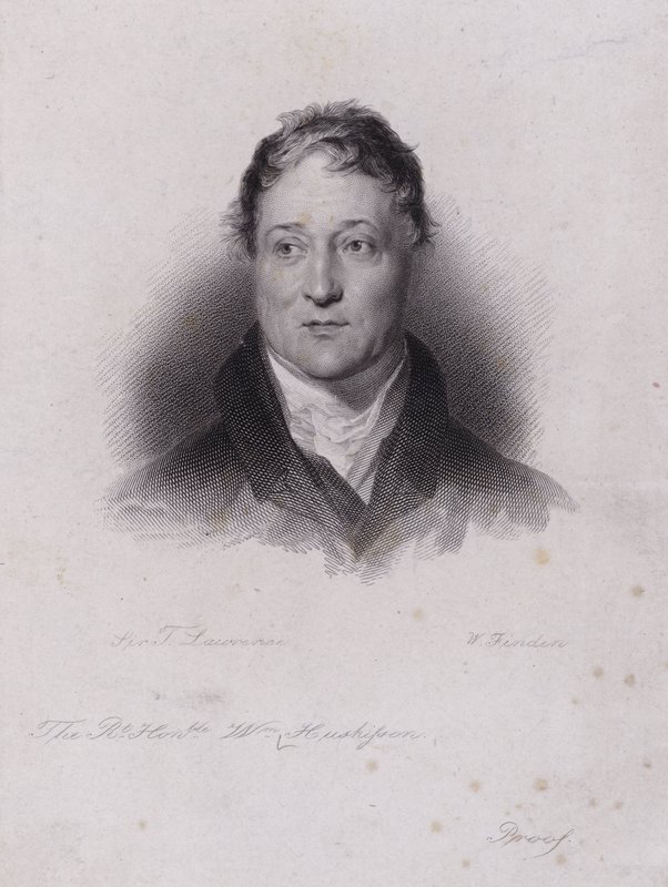 William Huskisson, engelsk politiker og finansmann, drept i en jernbaneulykke da han ble overkjørt av Robert Stephensons banebrytende damplokomotiv Rocket (gravering) av Thomas (after) Lawrence