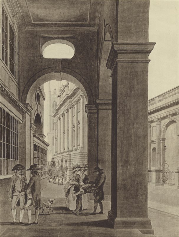 Bank of England fra Royal Exchange Arcade av Thomas (after) Malton