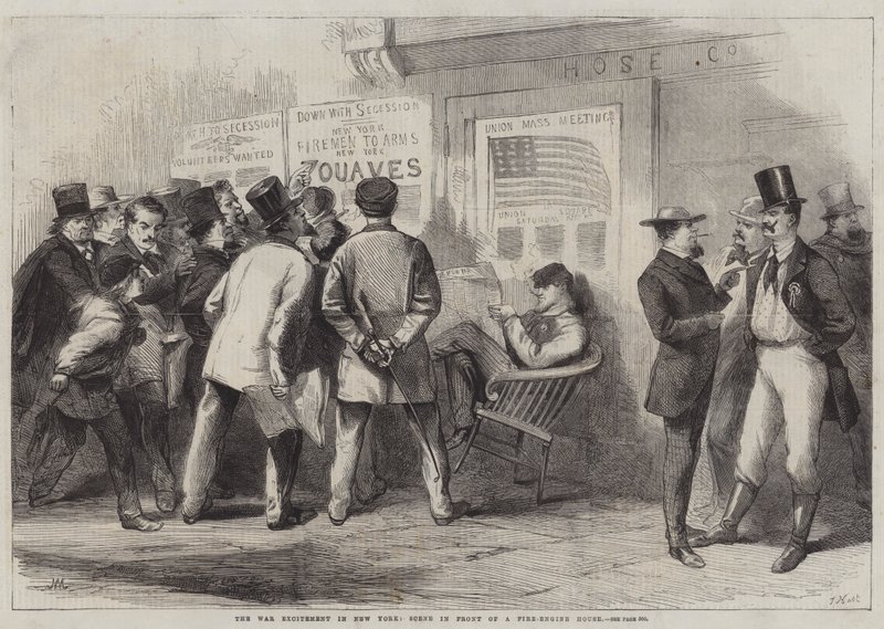 Krigsspenningen i New York, scene foran et brannmotorhus (gravering) av Thomas (after) Nast