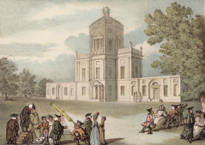 En sørutsikt over observatoriet ved Oxford (farge litho) av Thomas (after) Rowlandson