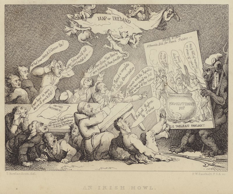 Et irsk hyl: møte med National Convention of United Irishmen blir vist republikanismens redsler eksemplifisert av den franske revolusjonen av Thomas (after) Rowlandson