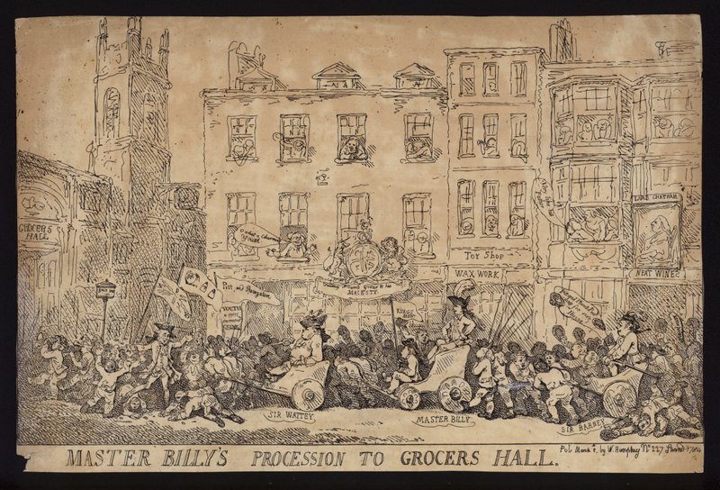 Mester Billys prosesjon til Grocers Hall; Politisk satire over prosesjonen til William Pitt den yngre til Grocers Hall for å motta friheten til City of London av Thomas (after) Rowlandson