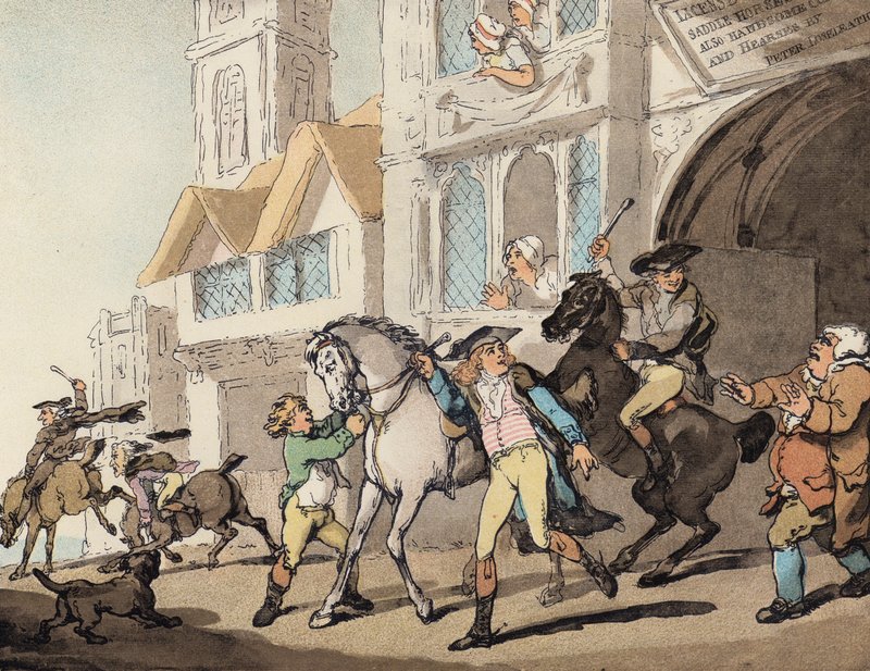 Avsted til en grevlinglokking (litho i farger) av Thomas (after) Rowlandson