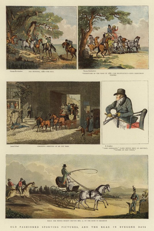 Gammeldagse sportsbilder, og veien på gamle dager (litho i farge) av Thomas (after) Rowlandson