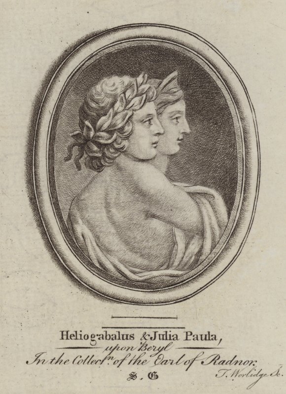 Heliogabalus, romersk keiser og keiserinne Julia Paula (gravering) av Thomas (after) Worlidge