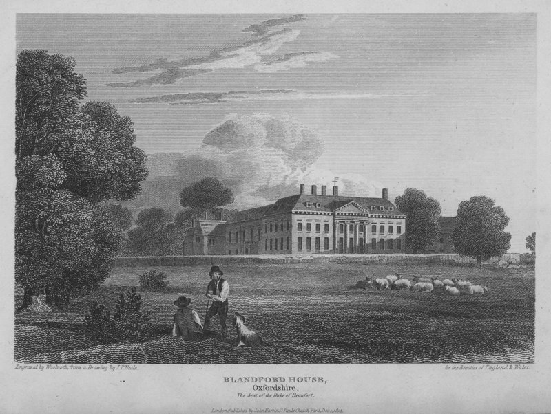 Blandford House, Oxfordshire, sete for hertugene av Beaufort (gravering) av Thomas A. Woolnoth