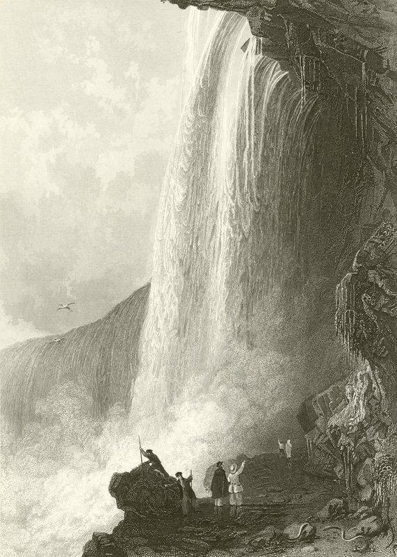 Horse Shoe Fall, Niagara. Inngang til Cavern of, på engelsk side av Thomas Allom