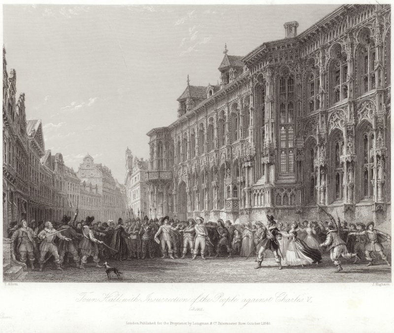 Rådhus med opprør av folket mot Charles V av Thomas Allom