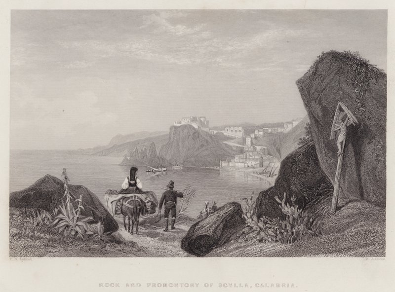 Rock and Promontory of Scylla, Calabria, Italia (gravering) av Thomas Brabazon Aylmer