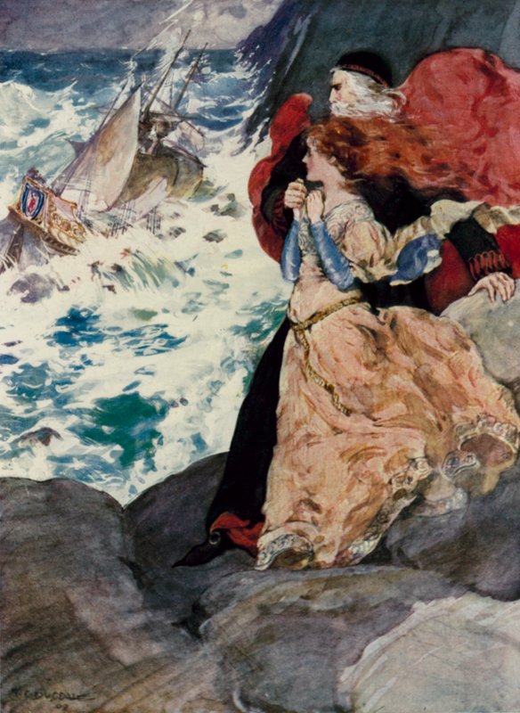 Prospero og Miranda ser på stormen (farge litho) av Thomas Cantrell Dugdale