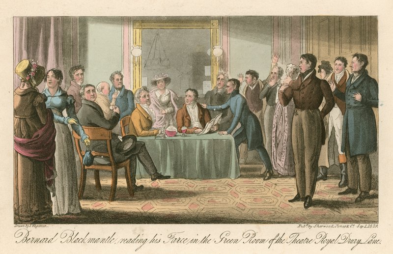Bernard Blackmantle, leste sin farse i Green Room i Theatre Royal, Drury Lane, London av Thomas Charles Wageman