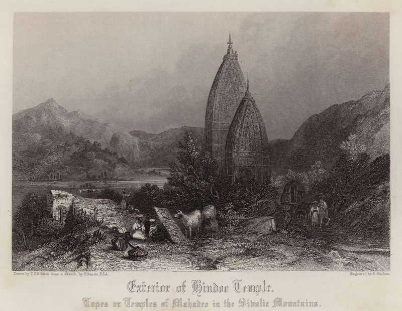 Eksteriør av Hindoo Temple (farge litho) av Thomas Colman (after) Dibdin