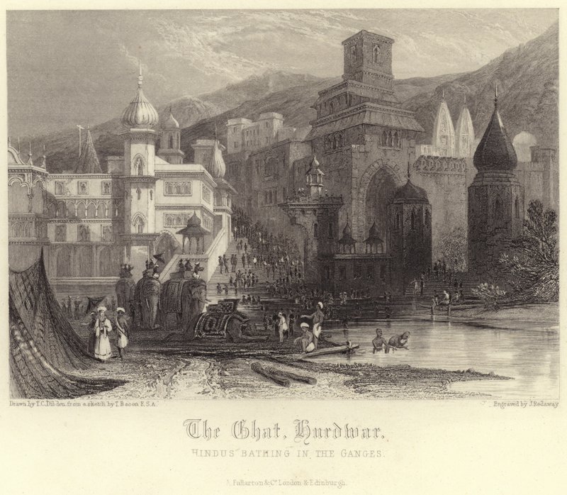 The Ghat i Hurdwar med hinduer som bader i Ganges av Thomas Colman Dibdin