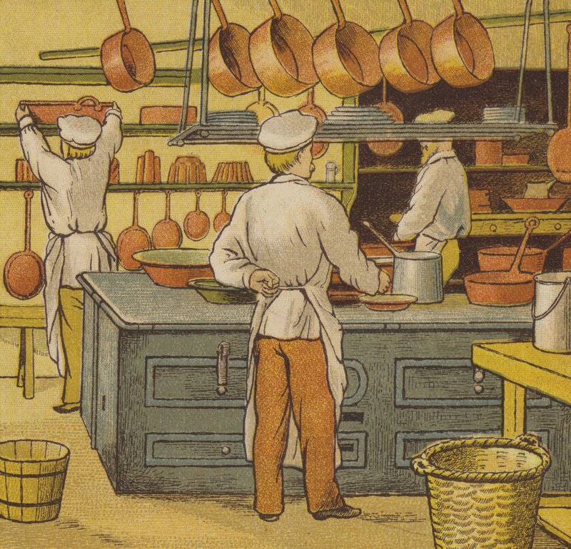 Caen: hotellkjøkkenet (farge litho) av Thomas Crane