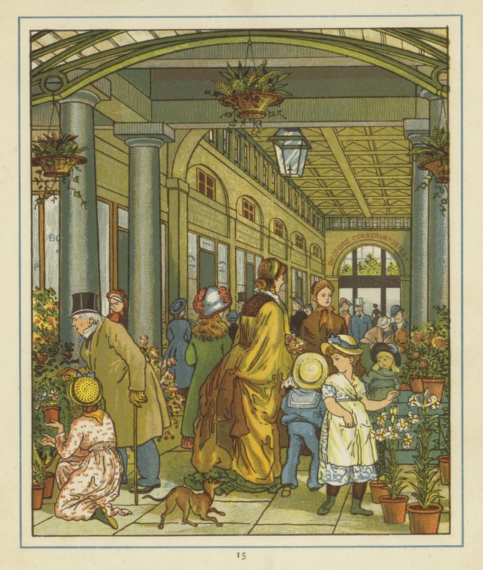 Interiørbilde av mennesker blant blomstene som er til salgs i Covent Garden av Thomas Crane
