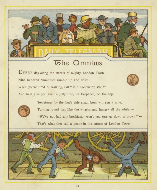 Passasjerer som reiser på omnibus mens barn snur på vognhjul på gaten nedenfor av Thomas Crane