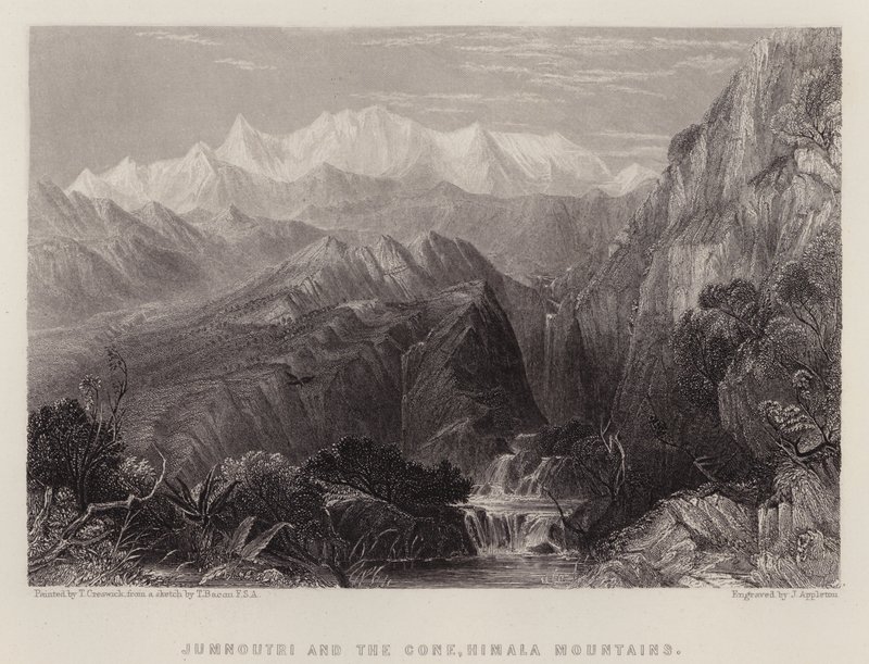 Jumnoutri og kjeglen, Himala-fjellene (farge litho) av Thomas Creswick