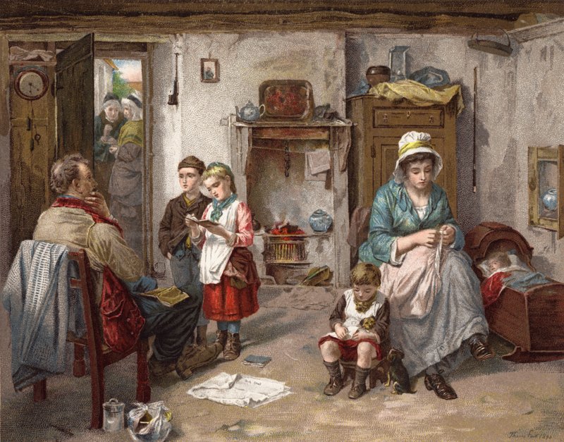Skolestyret i hytta (farge litho) av Thomas Faed