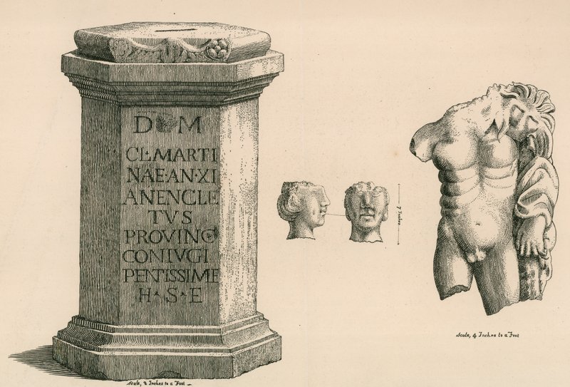 En sokkel og fragment av statuen av Hercules av romersk utførelse av Thomas Fisher Hoxton