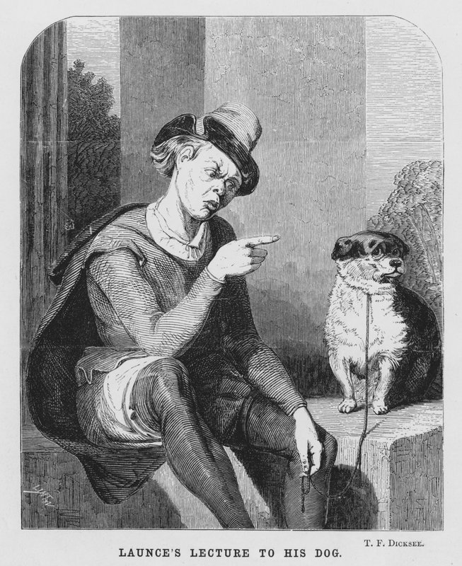 Launces foredrag til hunden hans, to herrer fra Verona (gravering) av Thomas Francis (after) Dicksee