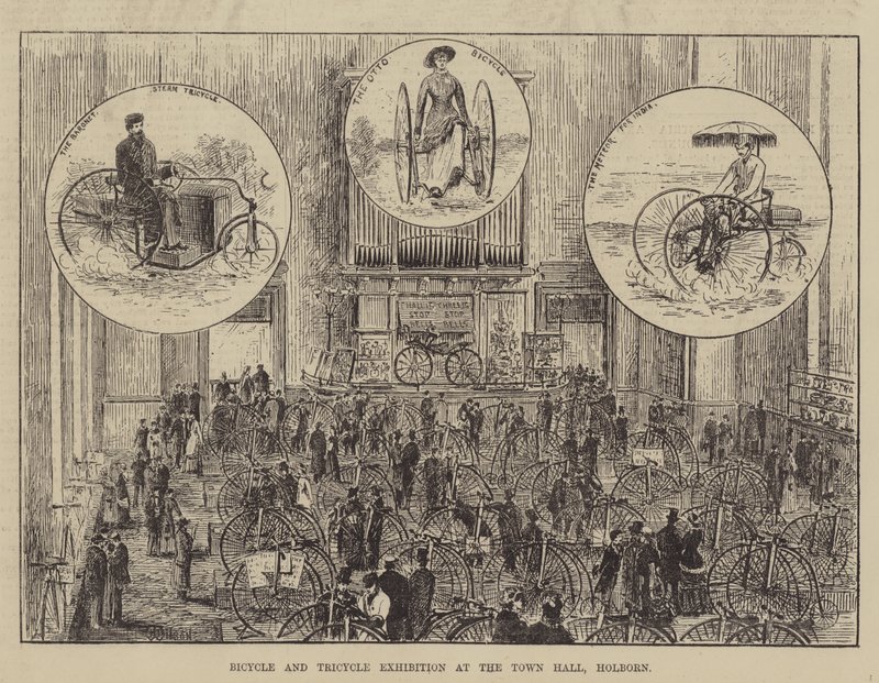 Sykkel- og trehjulsutstilling på Rådhuset, Holborn av Thomas Harrington Wilson