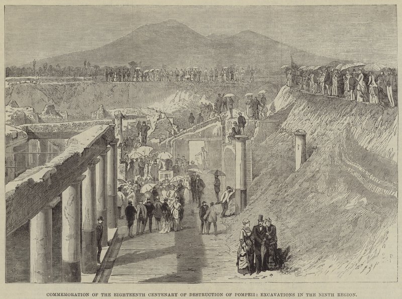 Markering av det attende århundre for ødeleggelsen av Pompeii, utgravninger i den niende regionen av Thomas Harrington Wilson