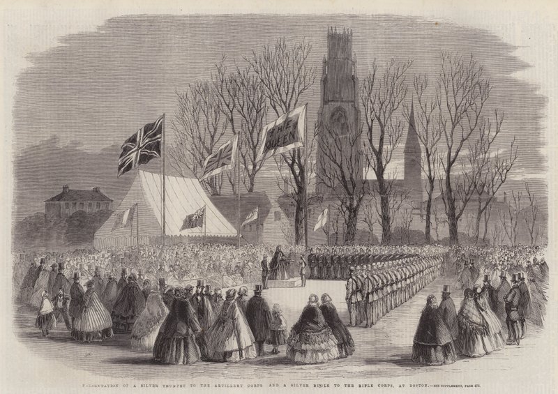 Presentasjon av en sølvtrompet til Artillery Corps og en Silver Bugle til Rifle Corps, i Boston av Thomas Harrington Wilson