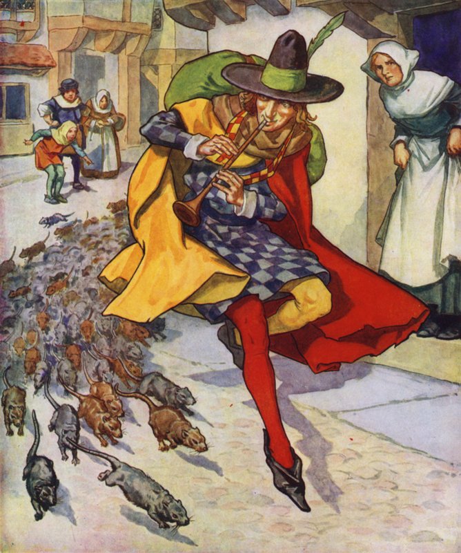 Illustrasjon til Rottefangeren fra Hameln (fargelitografi) av Thomas Heath Robinson