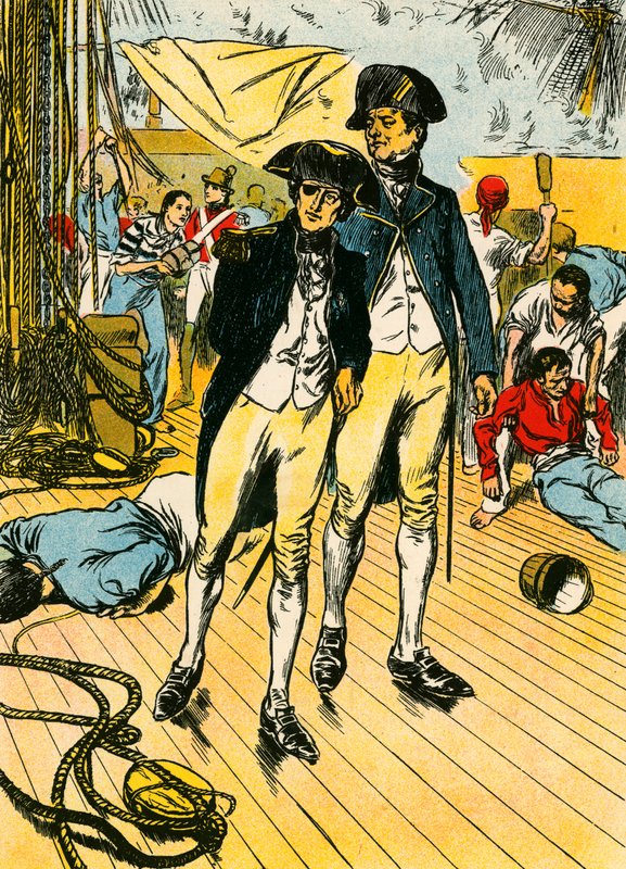 Nelson på «Seieren» ved Trafalgar (fargelitografi) av Thomas Heath Robinson