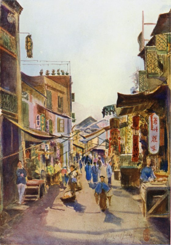 En gate i Macao (farge litho) av Thomas Hodgson Liddell
