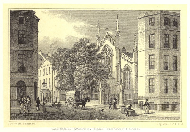 Katolsk kapell, fra Picardy Place (gravering) av Thomas Hosmer (after) Shepherd