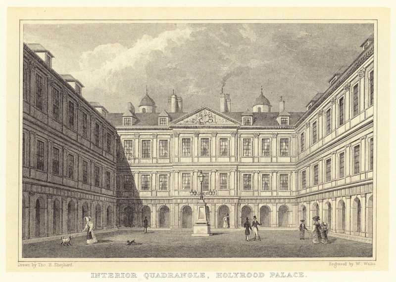 Interiør Quadrangle, Holyrood Palace (gravering) av Thomas Hosmer (after) Shepherd