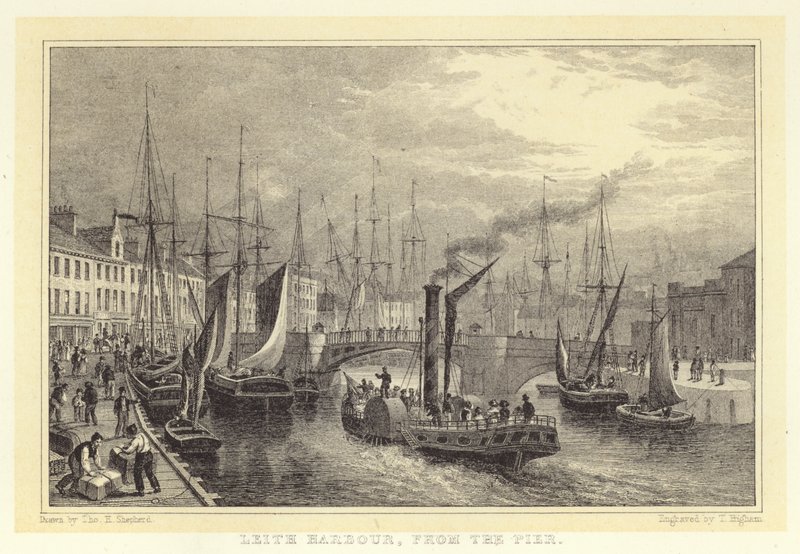 Leith Harbour, fra bryggen (gravering) av Thomas Hosmer (after) Shepherd