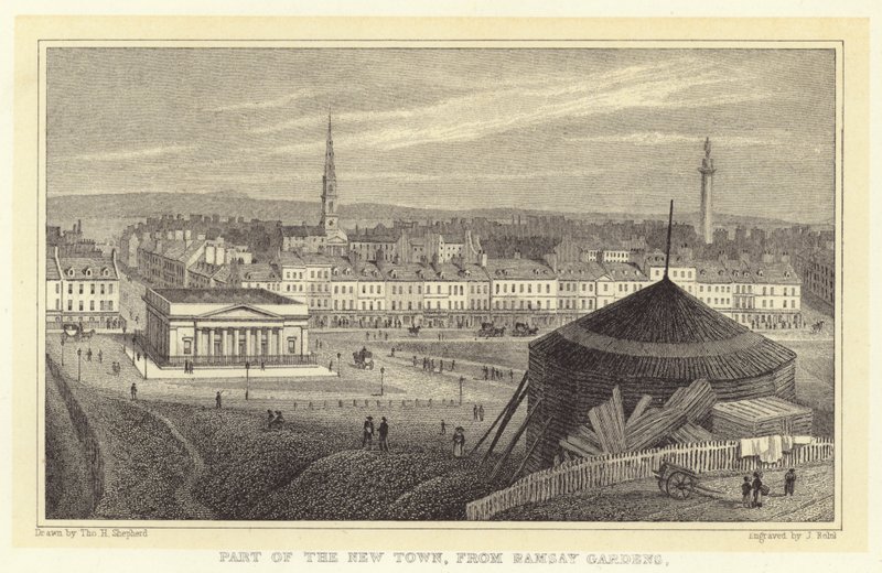 En del av den nye byen, fra Ramsay Gardens (gravering) av Thomas Hosmer (after) Shepherd