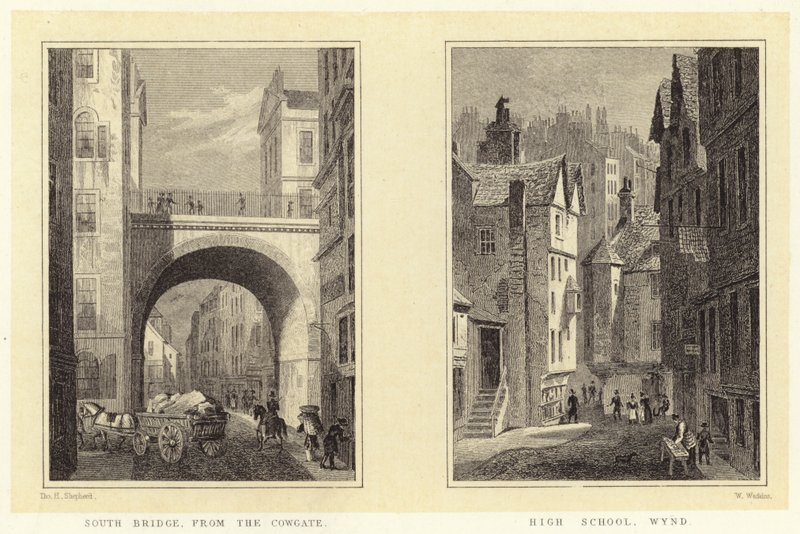 South Bridge, fra Cowgate; Videregående skole, Wynd (gravering) av Thomas Hosmer (after) Shepherd