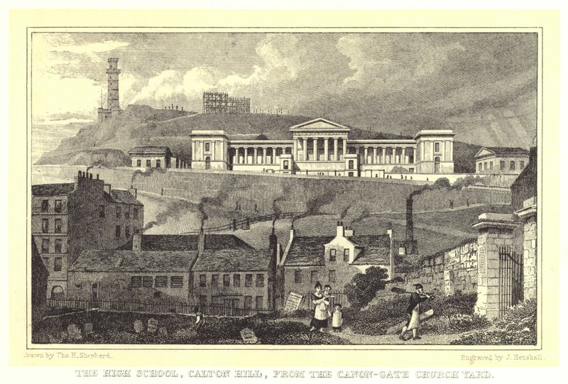 High School, Calton Hill, fra Canon-Gate Church Yard (gravering) av Thomas Hosmer (after) Shepherd