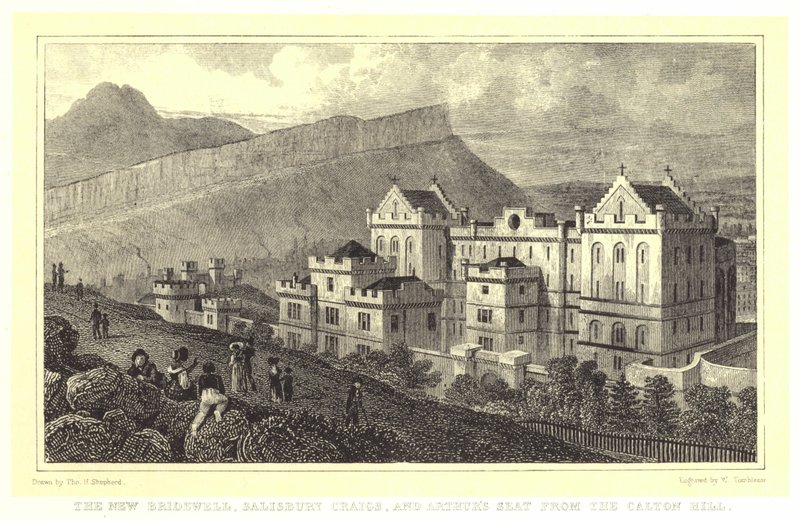 The New Bridewell, Salisbury Craigs og Arthur's Seat fra Calton Hill (gravering) av Thomas Hosmer (after) Shepherd