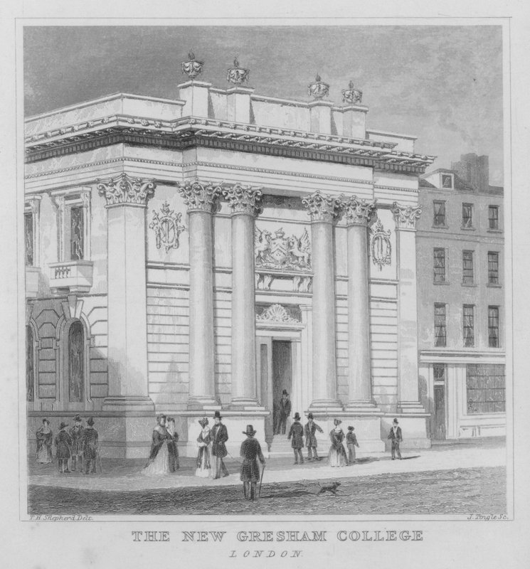 The New Gresham College, London (gravering) av Thomas Hosmer (after) Shepherd